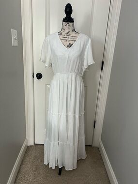 Mikarose White V-Neck Tiered Maxi Dress
